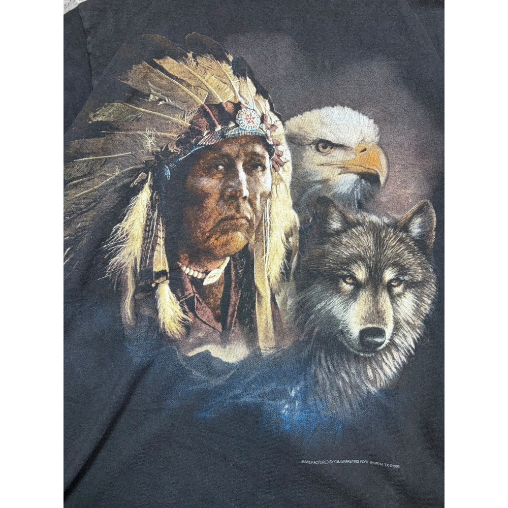 Vintage 1993‎ 3D Emblem Native American Eagle Wolf T-Shirt Large Made in USA